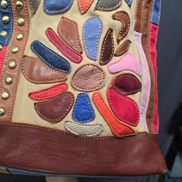 Boho Patchwork Leather Bag Studded Large Canvas Shoulder Handbag Tote Colorful - Picture 3 of 14